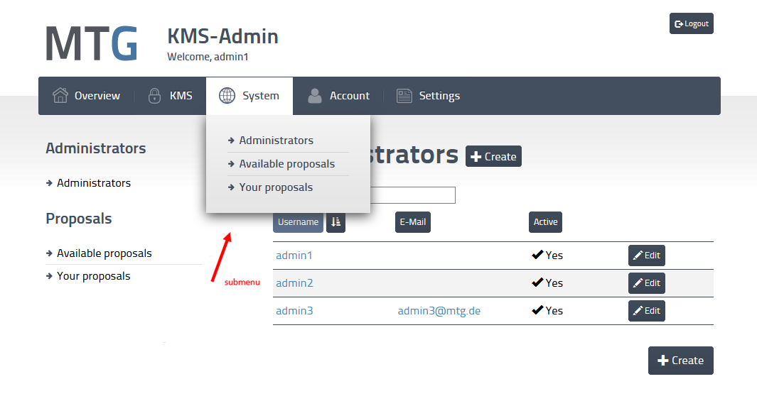 admin submenu