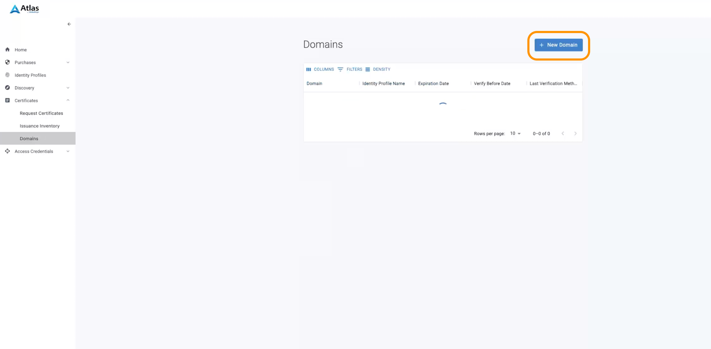 atlas new domain button