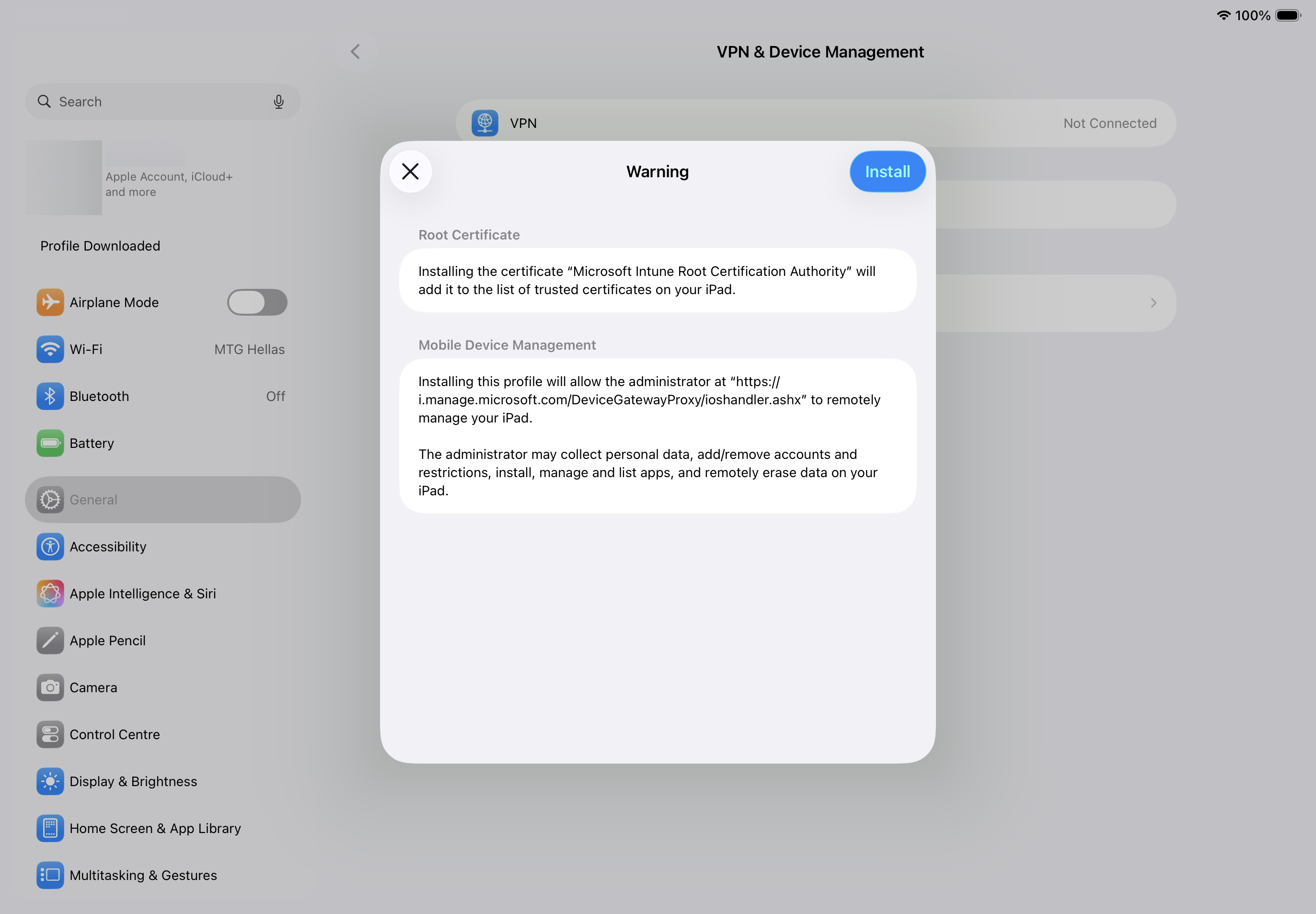 intune 27 profile in settings warning
