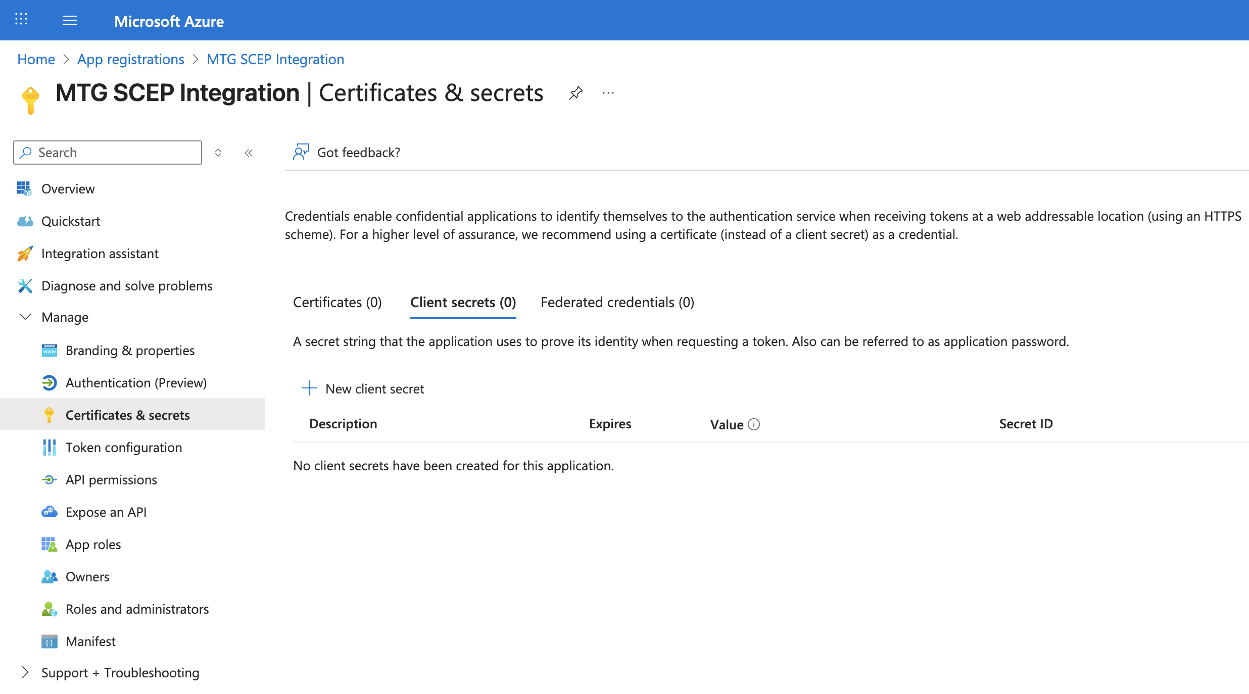 intune 4 new client secret button