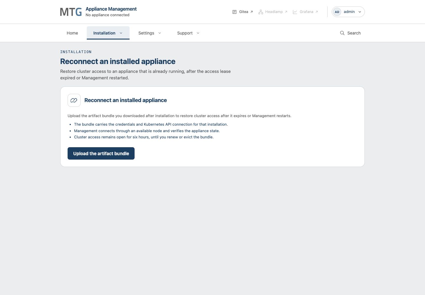 Reconnect an installed appliance page asks for the saved artifact bundle while no appliance is connected.