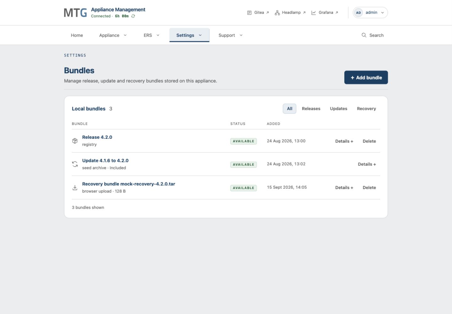 Settings Bundles lists example release, update and recovery bundles with Available status.