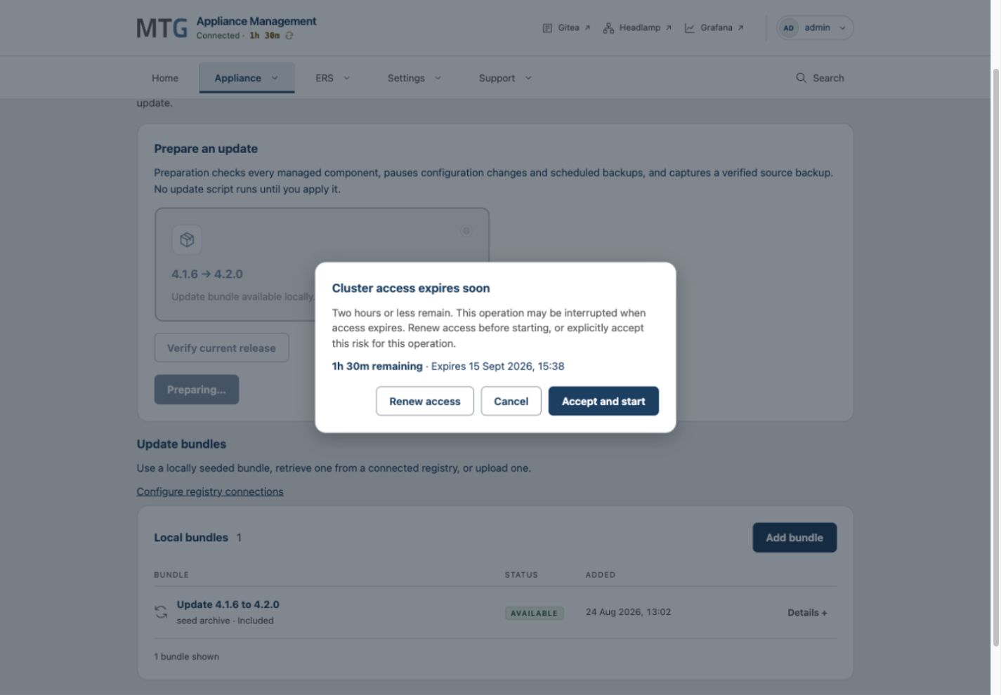 Cluster access expires soon dialog offers renewal, cancellation or explicit acceptance of interruption risk.