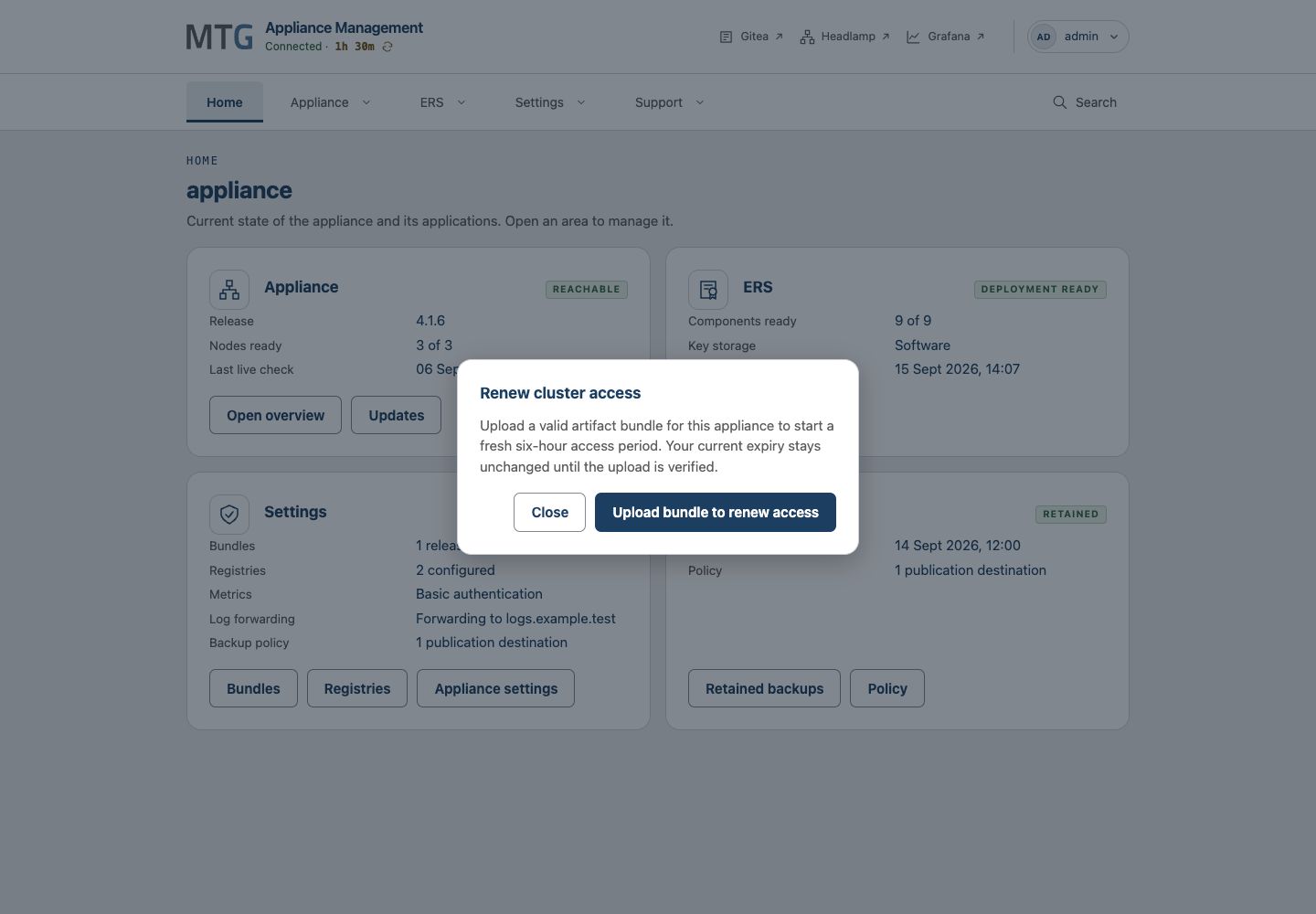 Renew cluster access dialog asks for the same appliance artifact bundle and explains that expiry remains unchanged until verification.