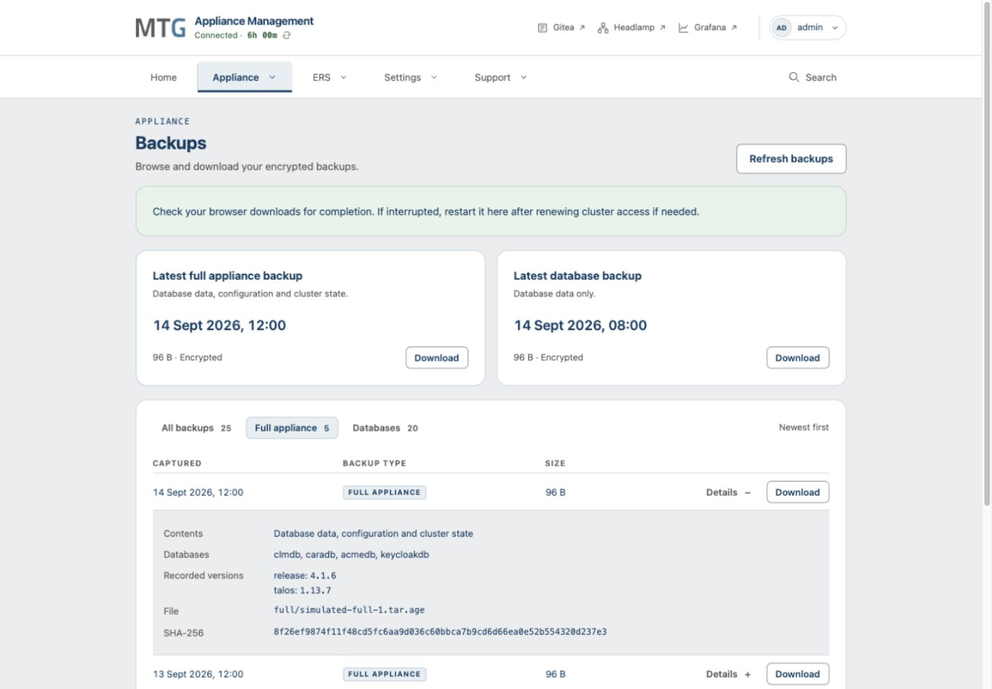 Full appliance backups filtered with the latest fixture backup expanded to show contents, versions, filename and SHA-256.