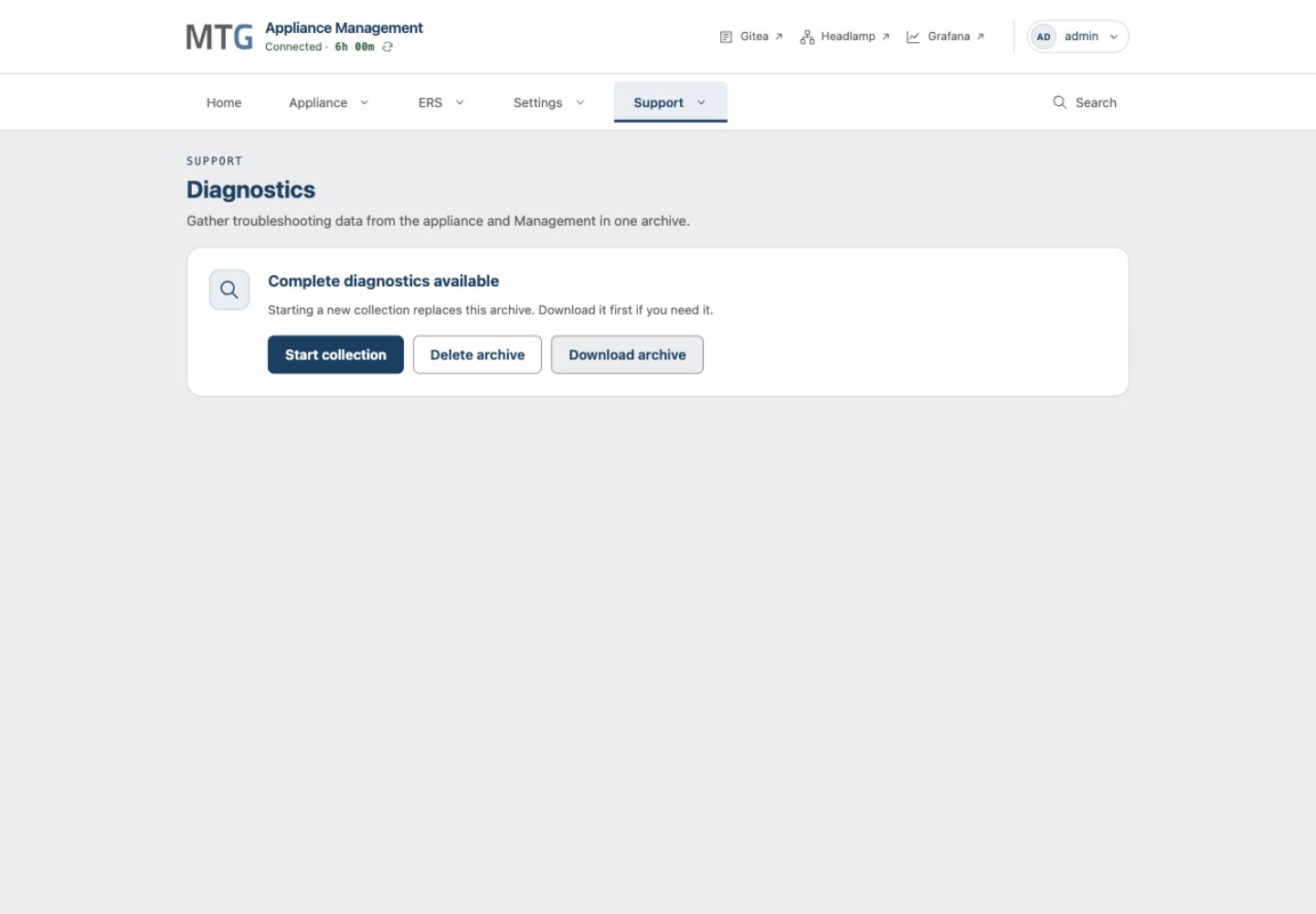 Diagnostics page reports Complete diagnostics available and offers Download archive.