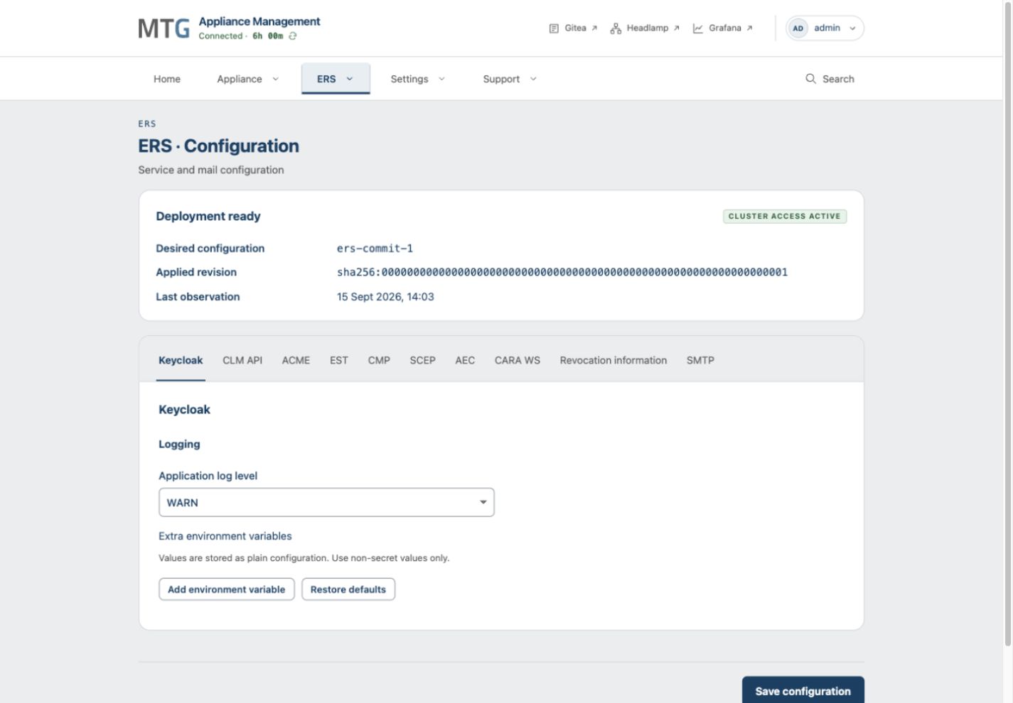 ERS Configuration page with Keycloak selected, WARN application logging and environment-variable controls.