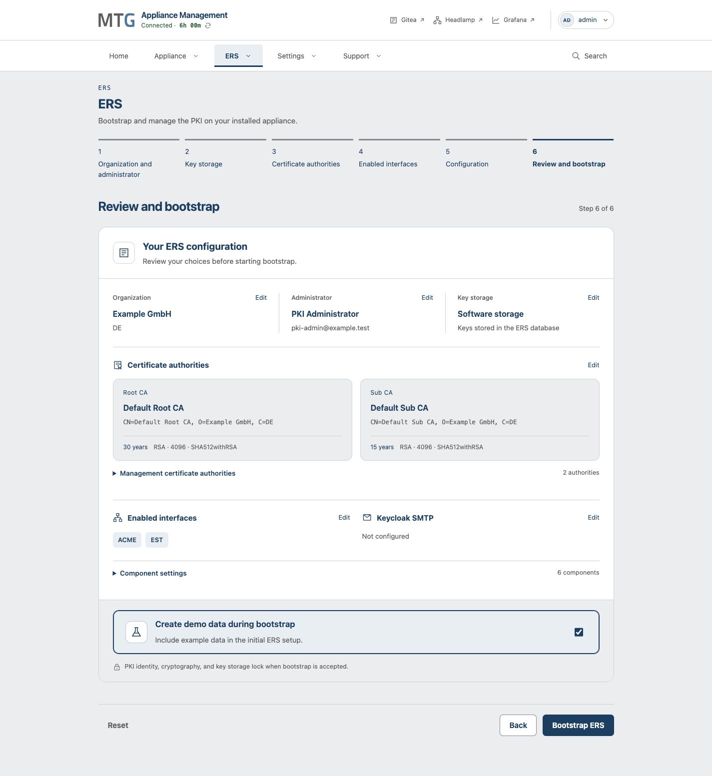 ERS bootstrap review with example organization, software key storage, certificate authorities, ACME and EST.