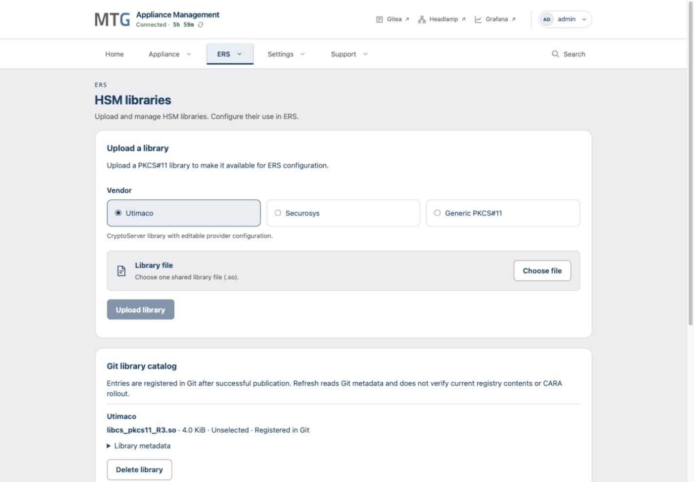 HSM library page with Utimaco selected, the file chooser and a fixture library registered in the Git catalog.