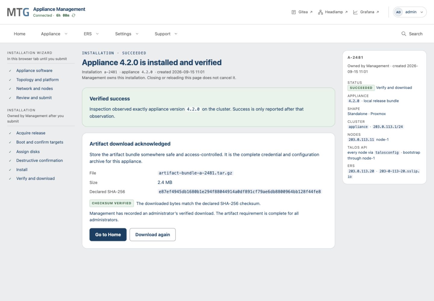Successful sample installation with Verified success, Artifact download acknowledged and Checksum verified.