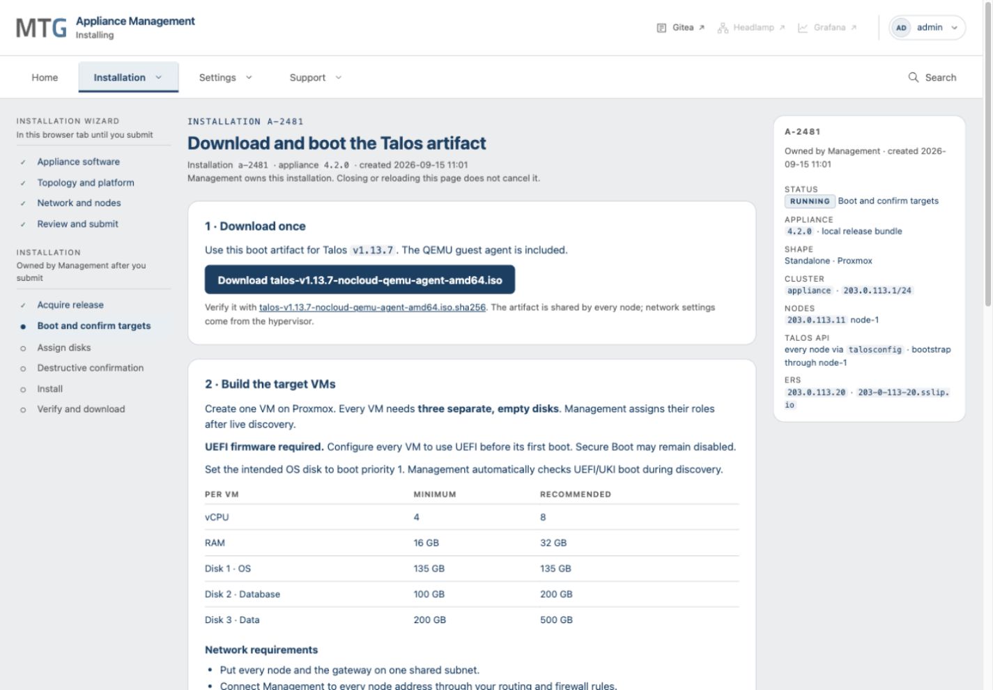 Prepared installation with links to the sample Talos ISO and checksum, followed by target VM requirements.