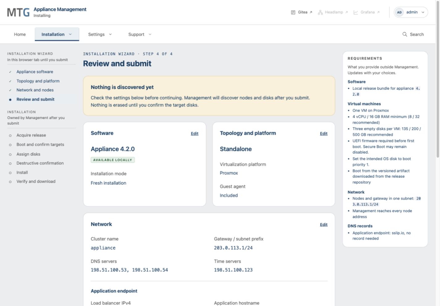 Installation wizard review showing the sample release, standalone Proxmox topology and network settings.