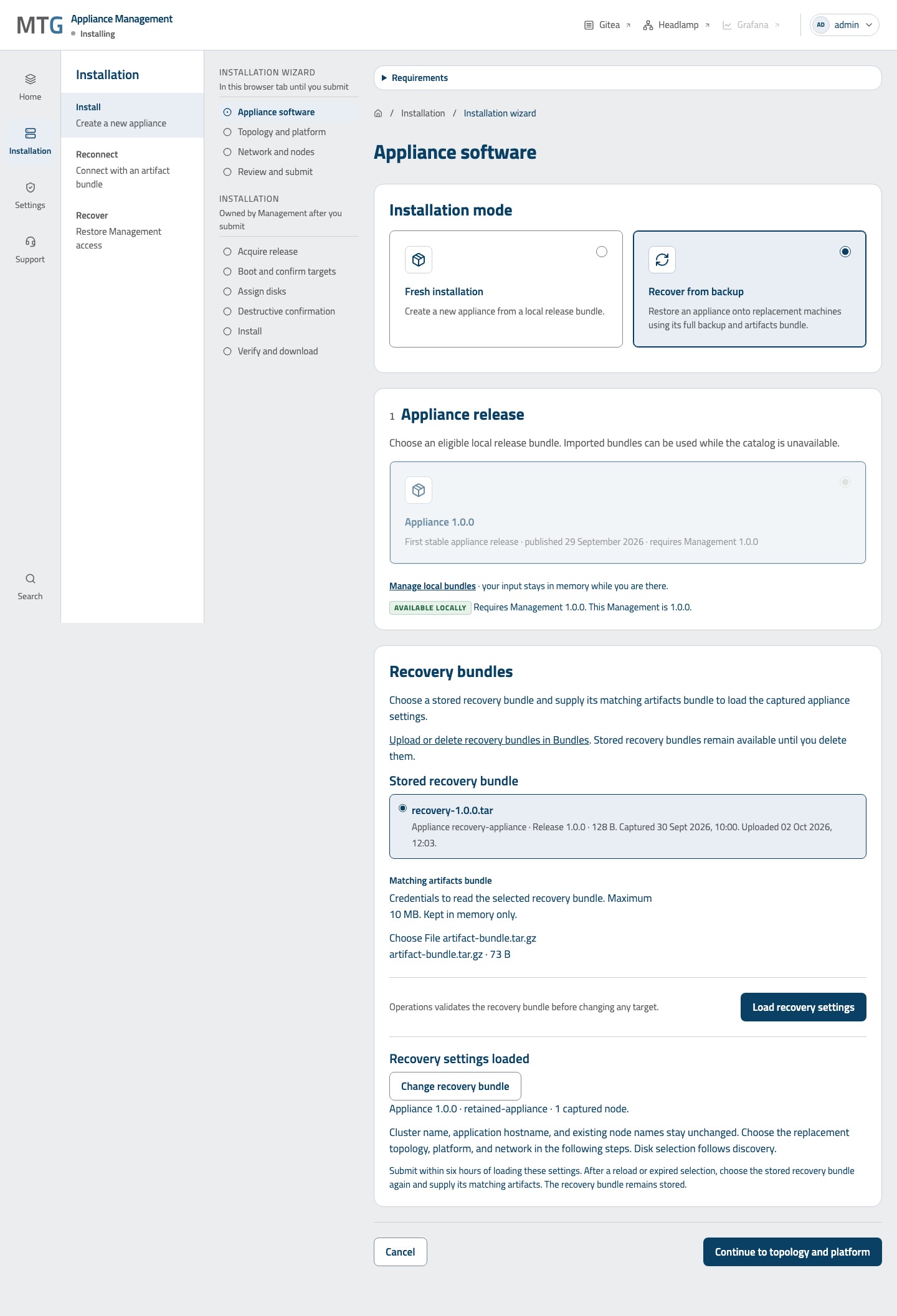 Recovery settings loaded for appliance 1.0.0, retained-appliance, with one captured node after selecting the matching recovery and artifacts bundles.