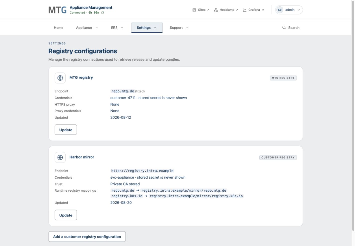 MTG and example customer registry entries with stored credential status, trust and runtime mappings.
