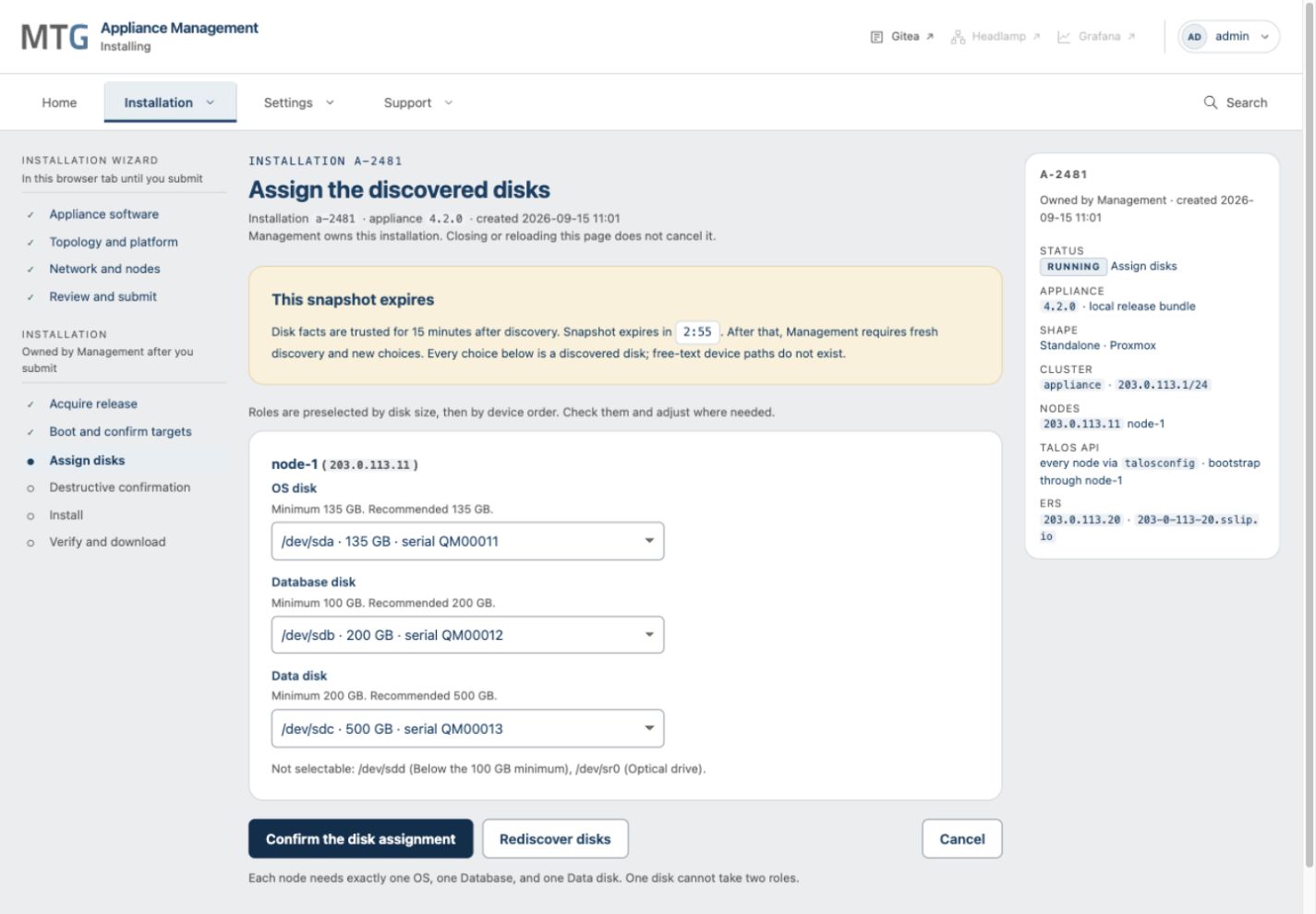 Discovered node with OS, Database and Data disks selected by device path, capacity and serial.