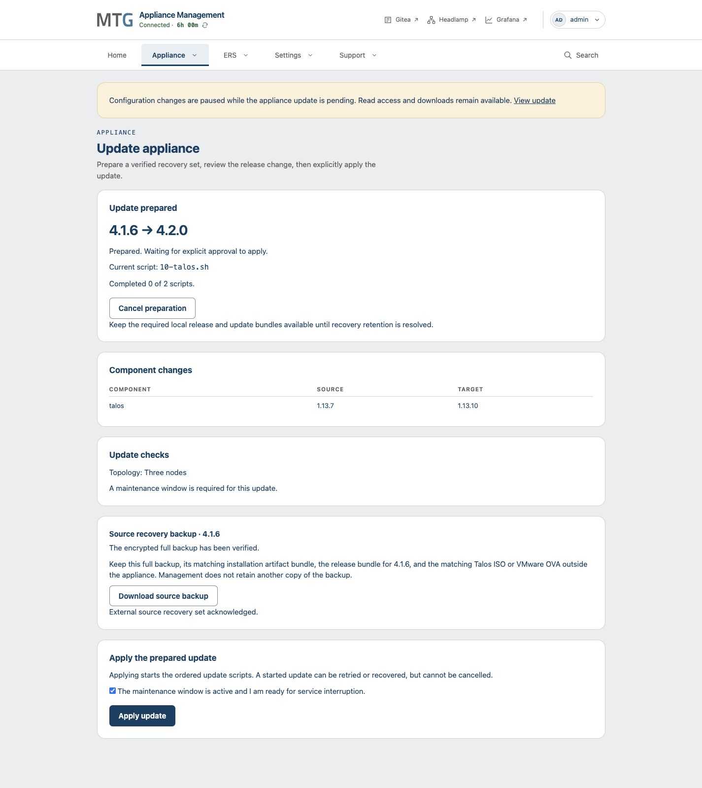 Prepared example update with verified source backup, acknowledged recovery set and maintenance confirmation before Apply update.