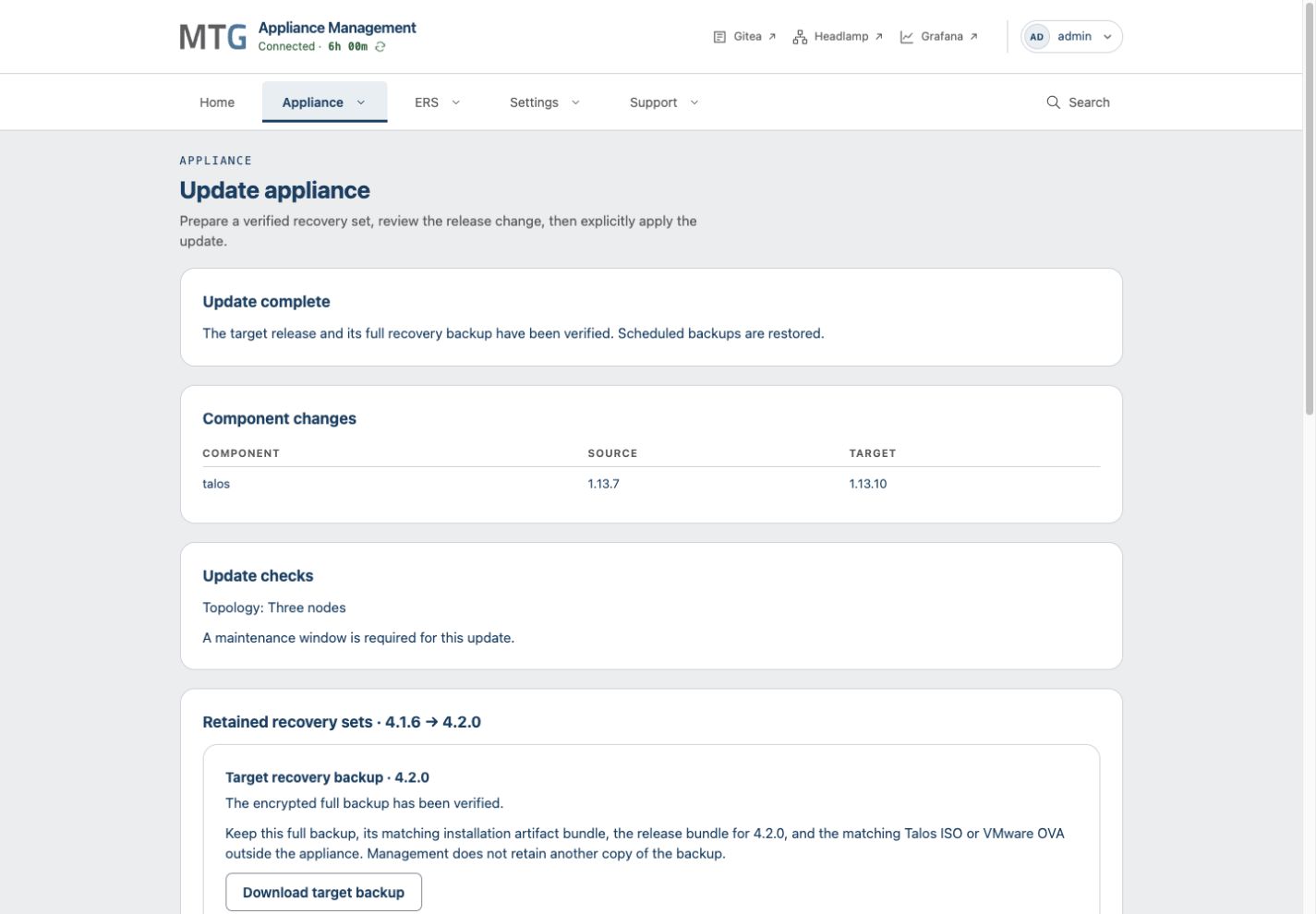 Management reports Update complete with target release and full recovery backup verified in the simulation.