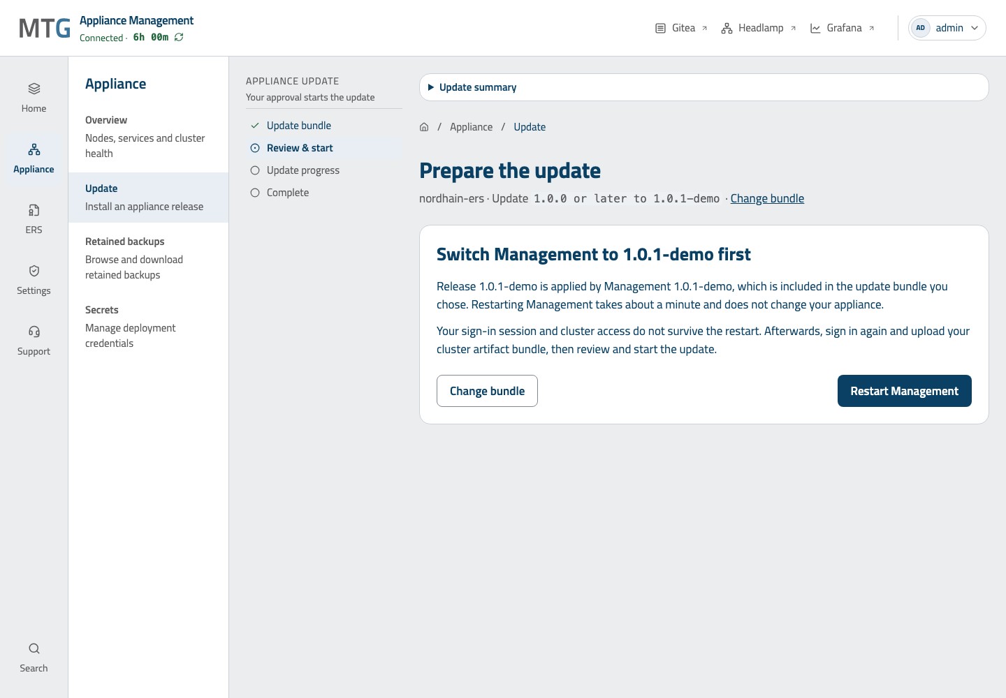 Update preparation requiring Management 1.0.1-demo before the simulated Appliance update.