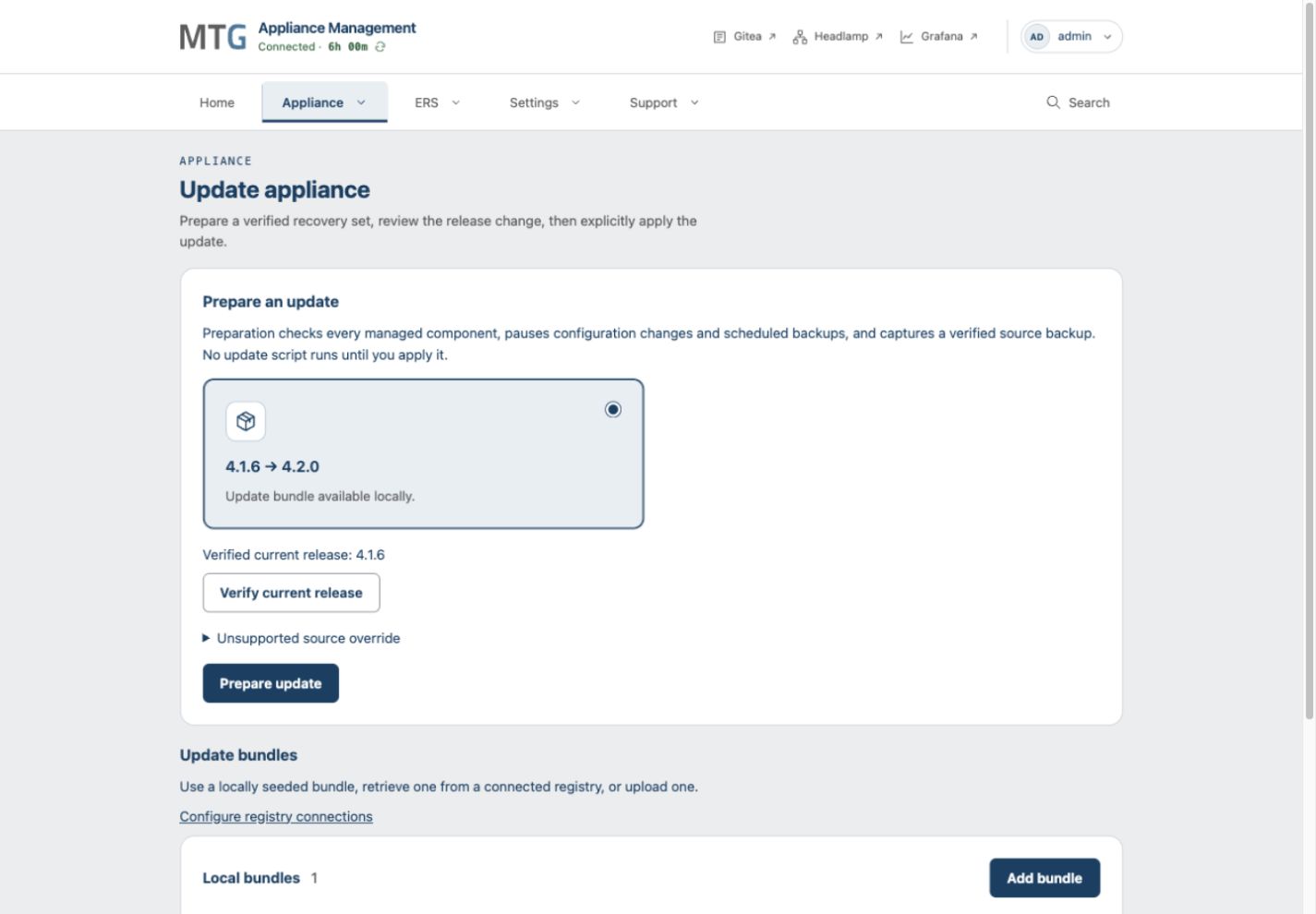 Update page with the example 4.1.6 to 4.2.0 bundle selected and current release verified.